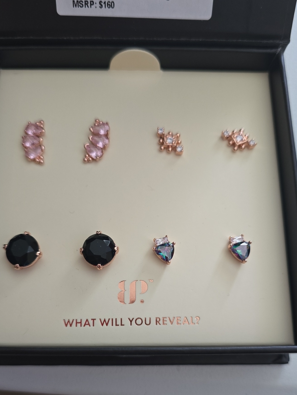 bp Rose Gold Stud Earring Set with Pink, Black & Iridescent Accents